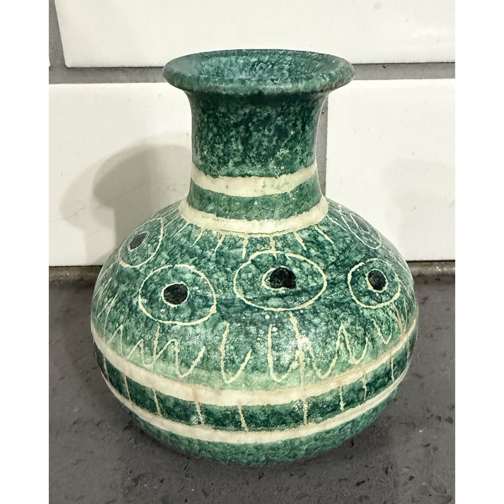 Italy Art Pottery Vase Vessel Green White Black Circles MCM